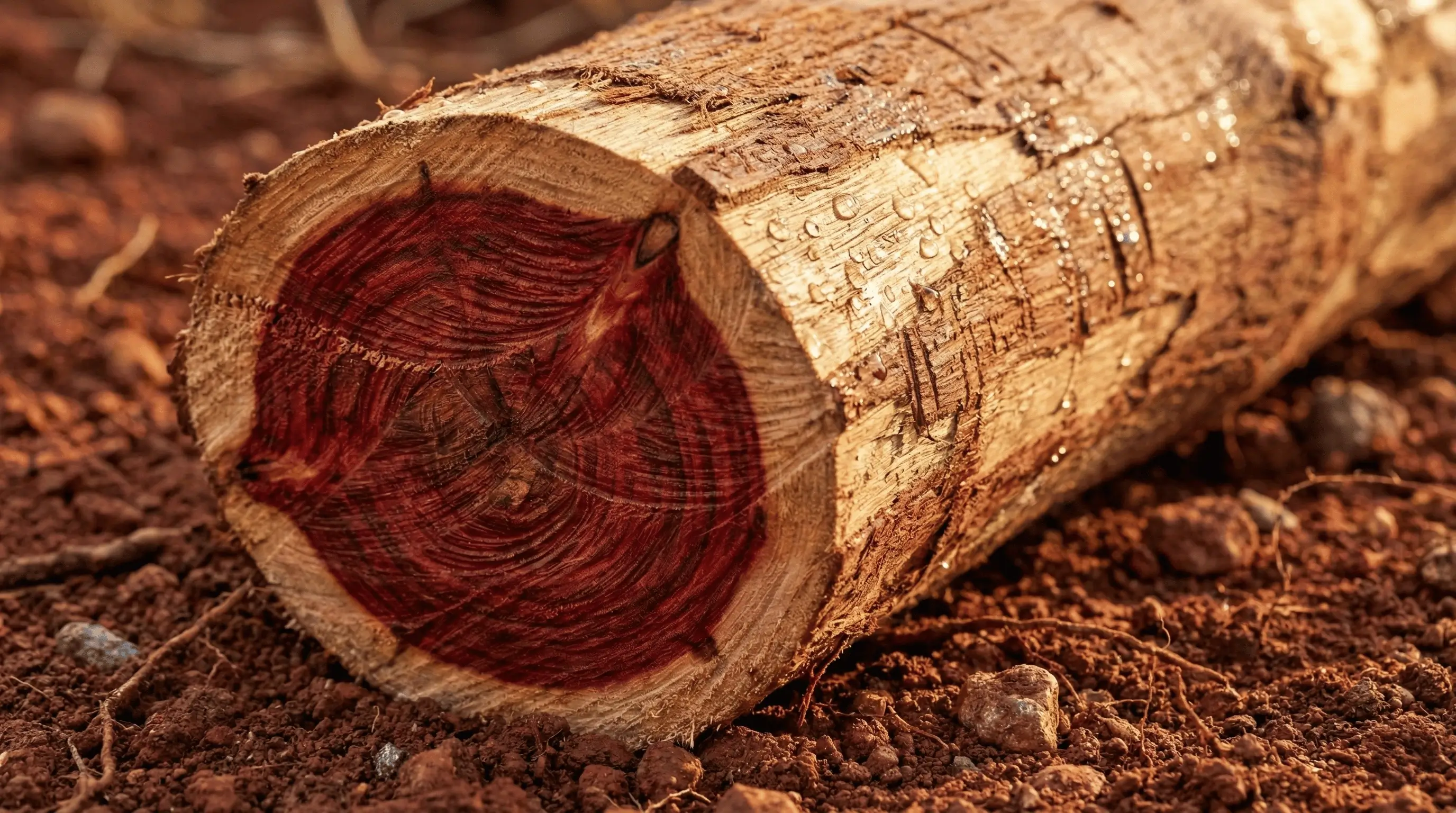 Close-up of maturing red sandalwood heartwood indicating high-yield biological asset appreciation