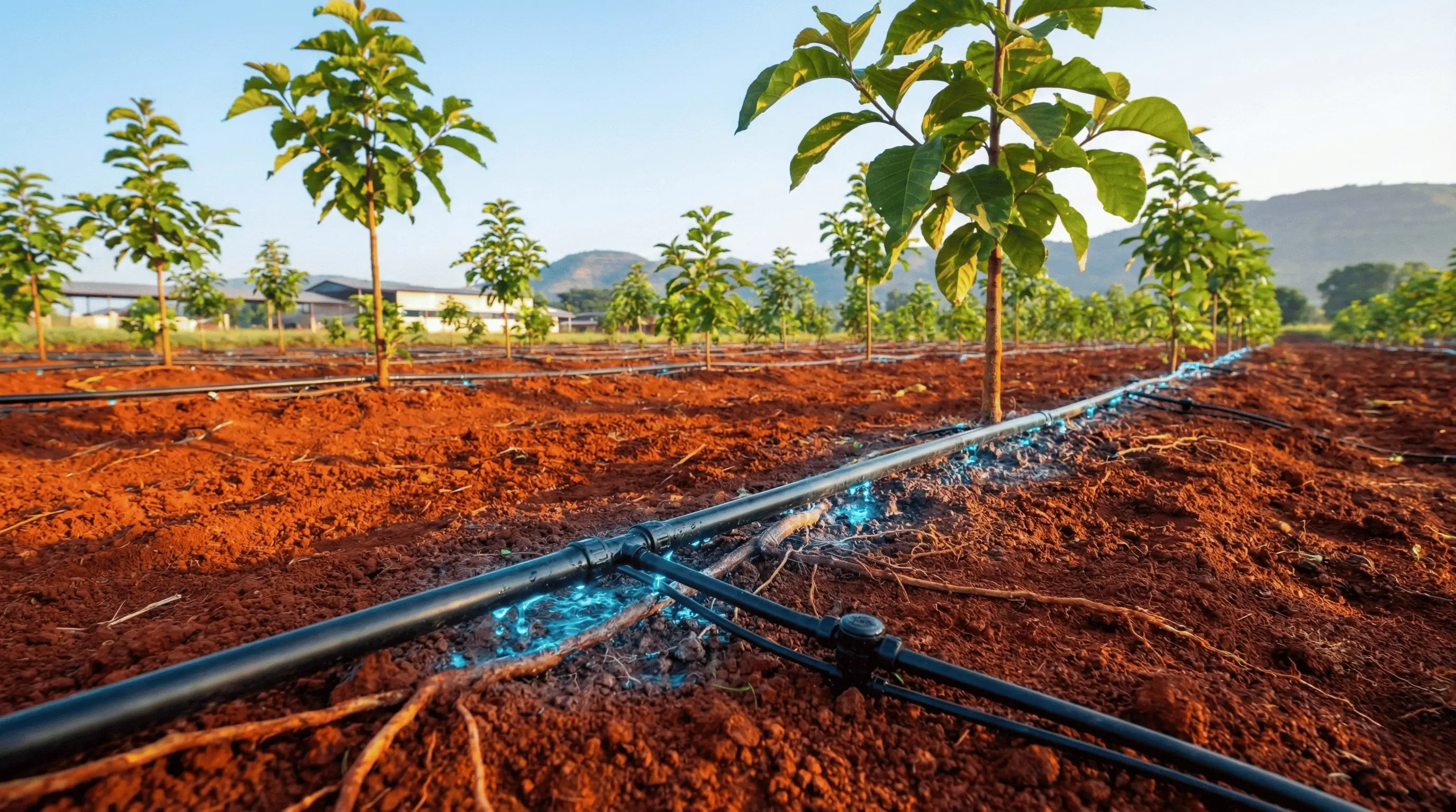 Drip irrigation system in managed sandalwood farmland Bangalore 