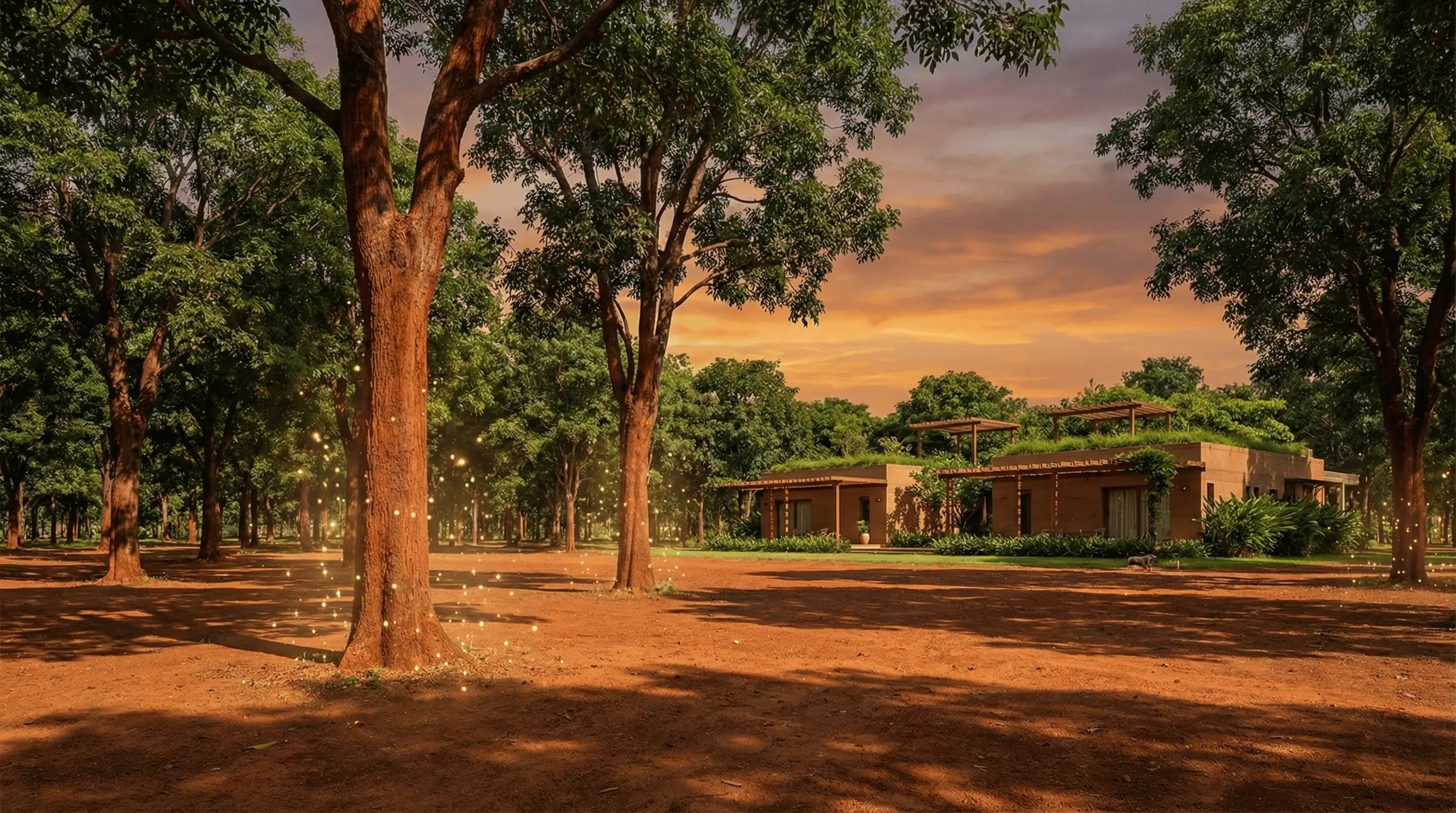 Lush red sandalwood plantation representing a wealth-building eco-luxury retreat and secure managed farmland in North Bangalore