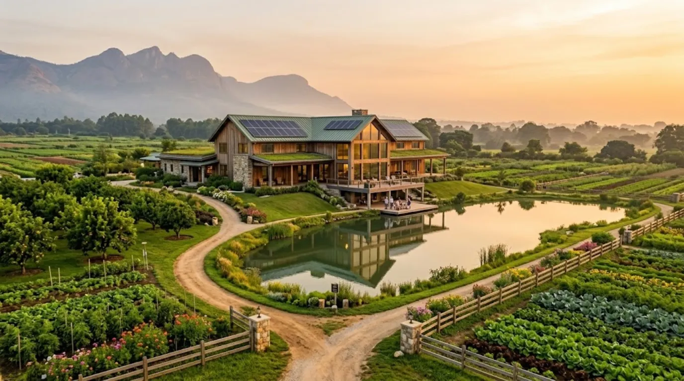 A bright, airy indoor-outdoor living space of a modern farmhouse seamlessly connecting to a verdant organic garden