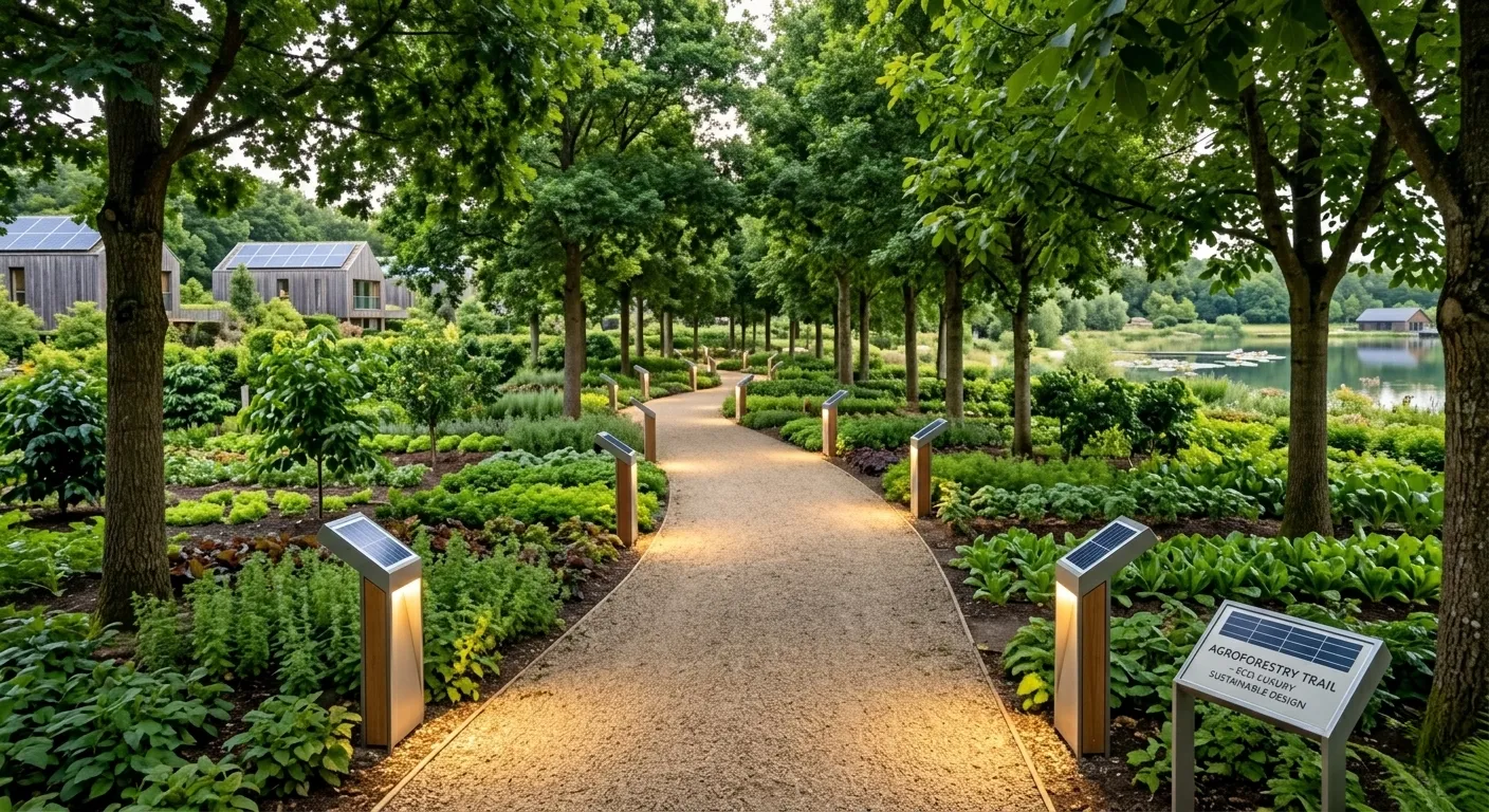 A peaceful, beautifully landscaped community walking path winding through a highly organized, solar-lit agroforestry plot