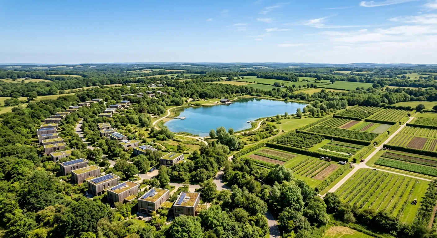 Cinematic drone shot of an expansive, low-density green community integrated with a managed farmland estate