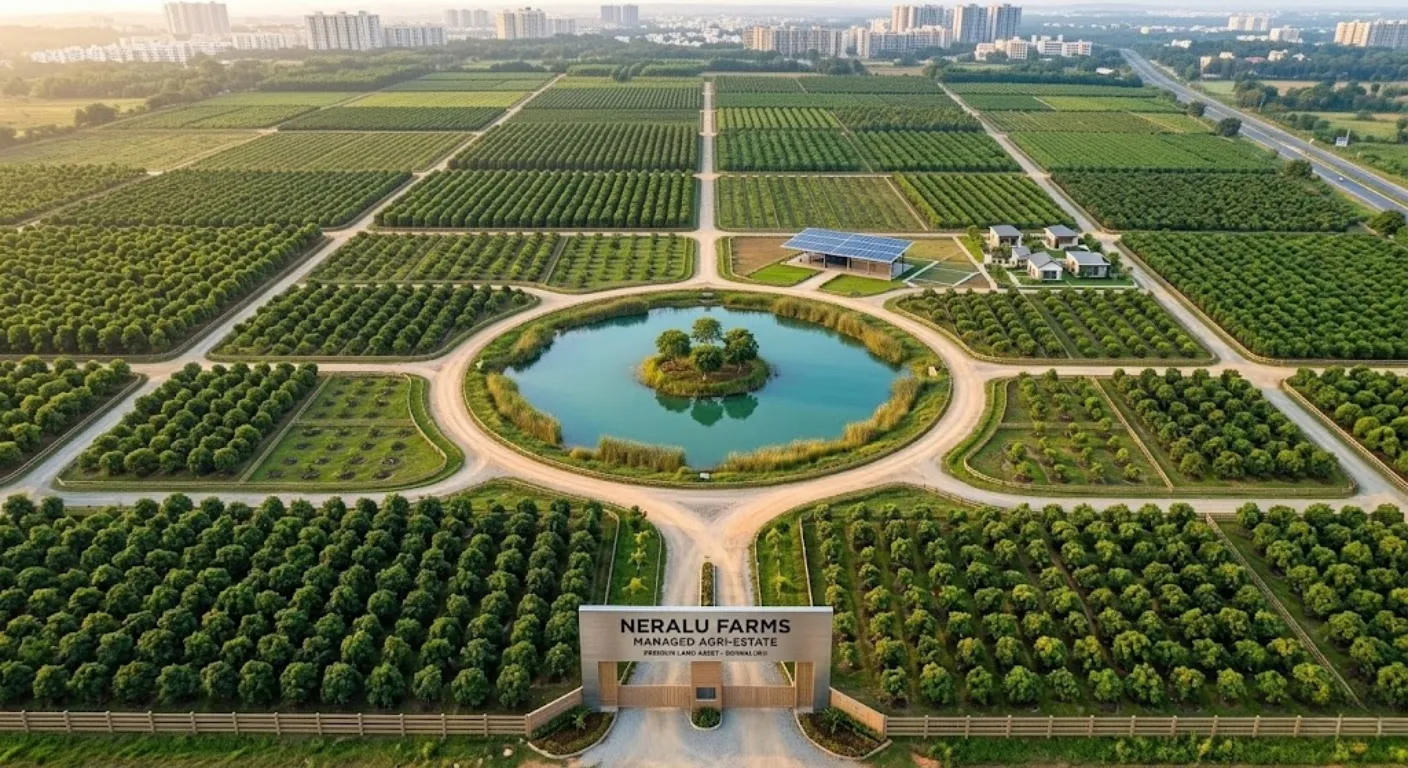 A sweeping landscape view of a premium agricultural estate in North Bangalore, showing excellent highway connectivity and high growth potential