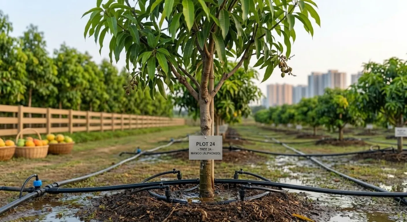 Cinematic high-altitude drone shot of a highly organized Neralu Farms managed estate, showing geometric plots of varying sizes