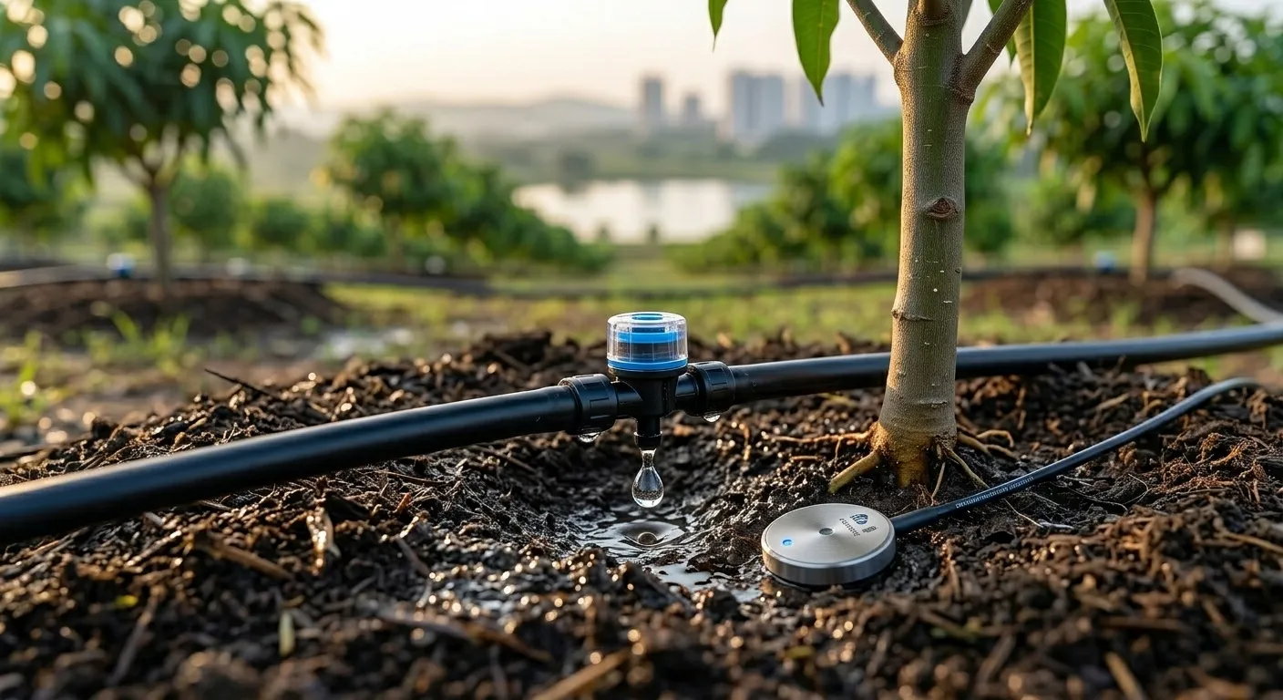 Close-up macro photography of a state-of-the-art automated drip irrigation system delivering precise water to healthy soil