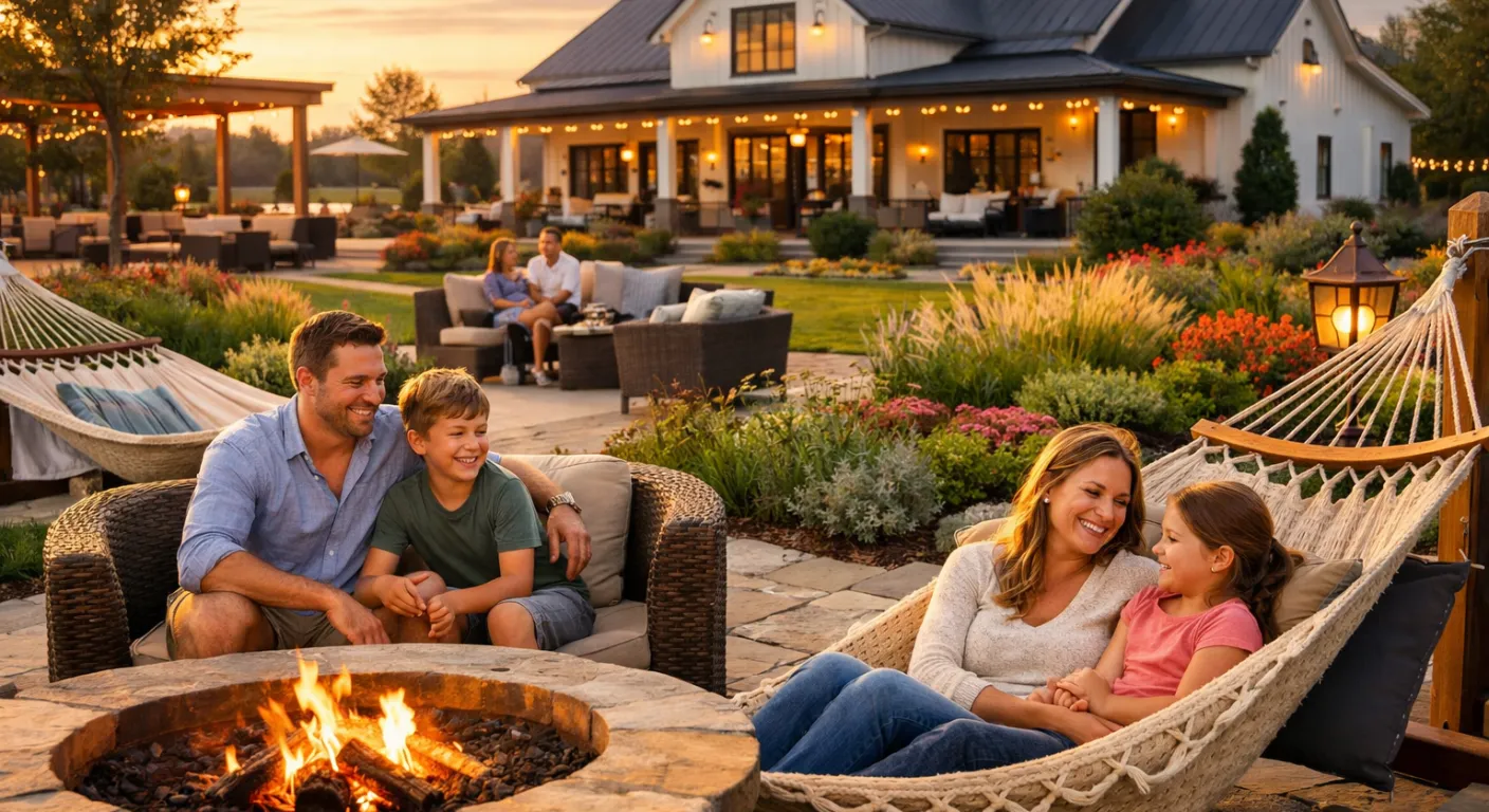 A happy modern family relaxing in a beautifully maintained outdoor lounge area near a pristine Neralu Farms clubhouse