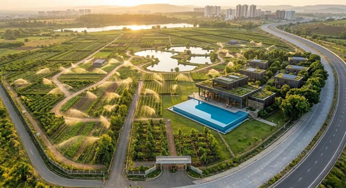Cinematic drone shot of a lush, perfectly maintained Neralu Farms estate showcasing geometric crop rows and a modern eco-clubhouse