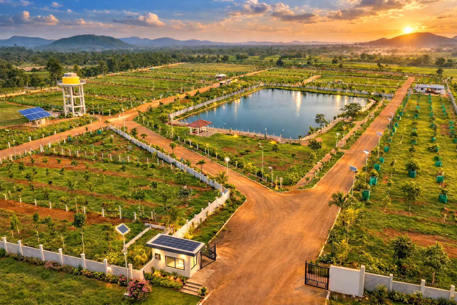 Cinematic drone shot of a luxurious weekend farmhouse surrounded by pristine, geometric agricultural plots at Neralu Farms