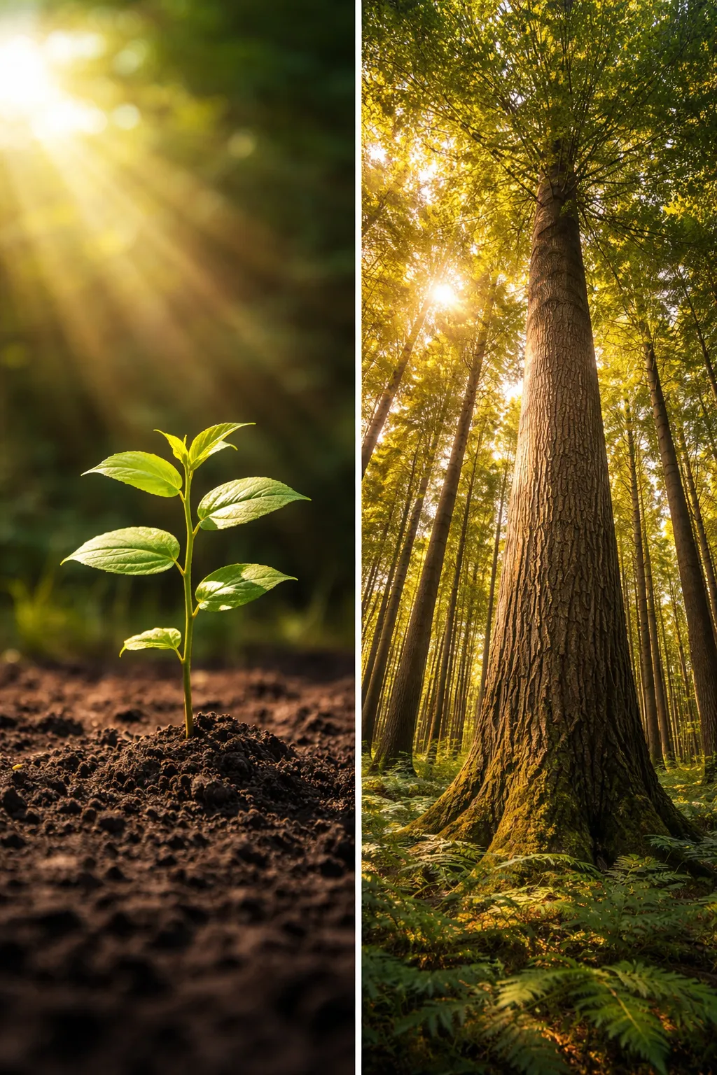 A creative split-screen showing a newly planted green sapling next to a towering, mature timber tree, conveying biological compounding value