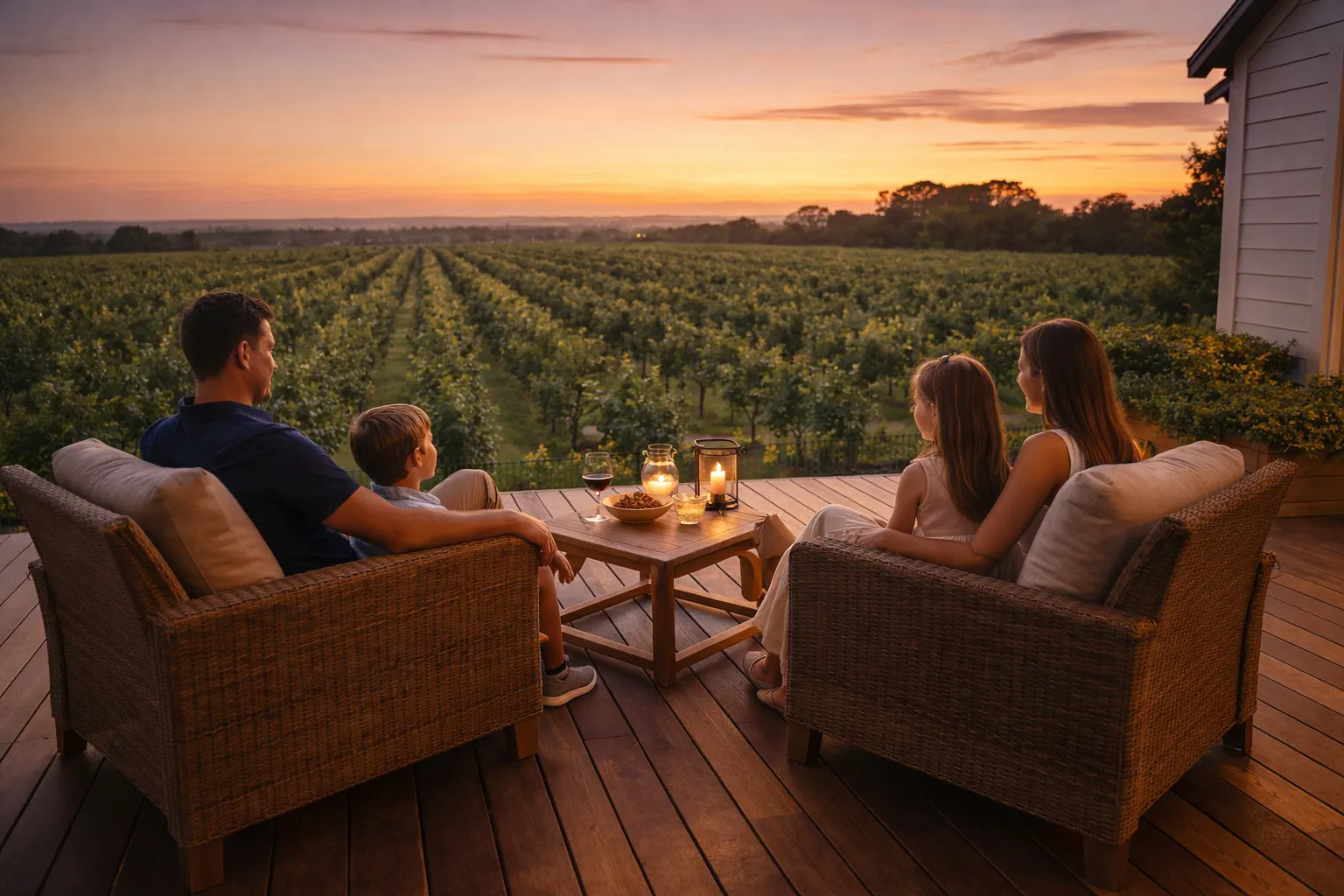An elegant modern family enjoying a weekend retreat on a wooden deck overlooking their fully mature, high-yield fruit orchard