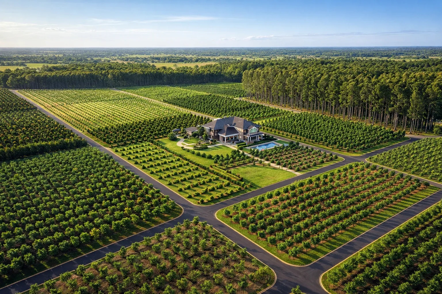 Cinematic drone shot of a sprawling, perfectly demarcated Neralu Farms managed estate showcasing growth stages and premium infrastructure