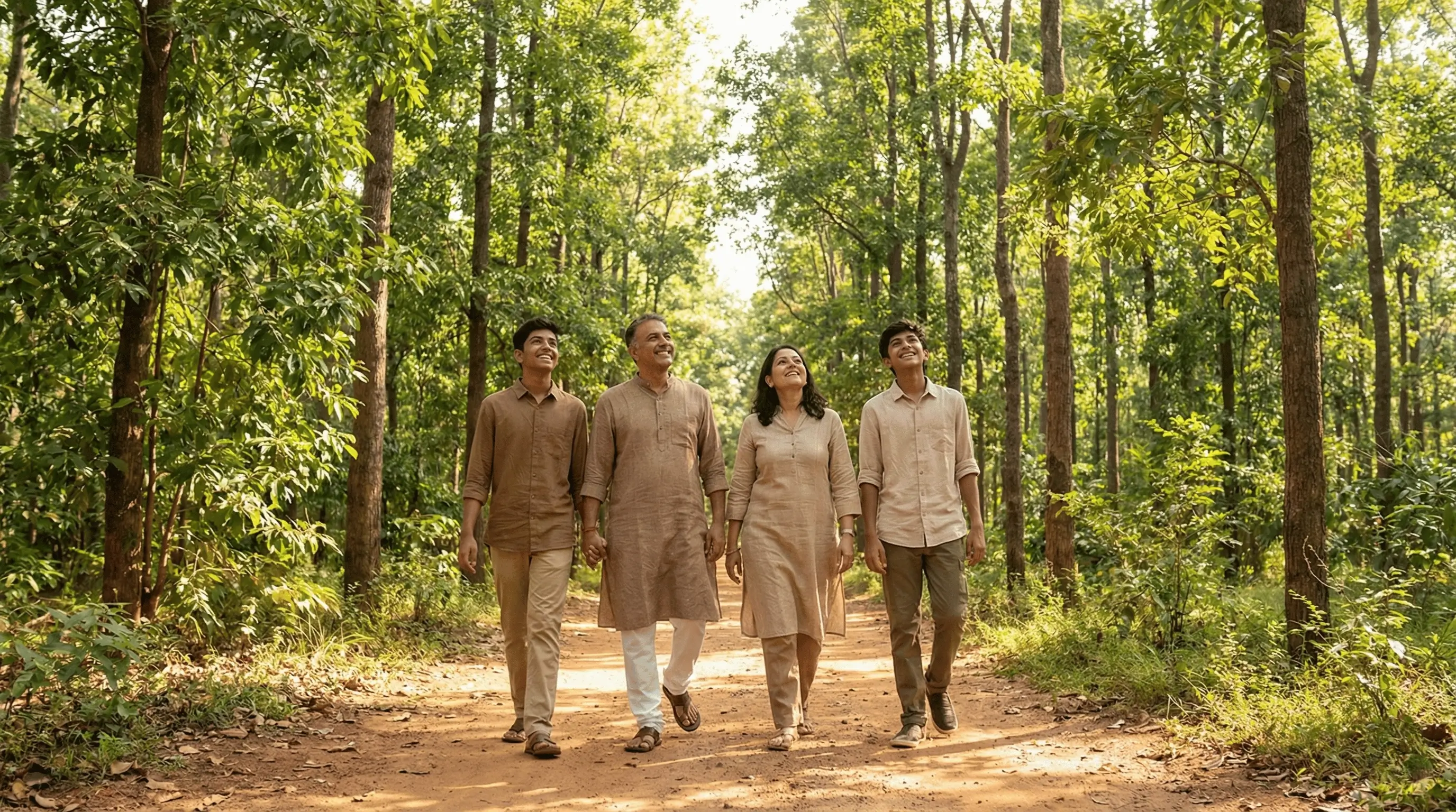 Family enjoying a peaceful walk in a zero-maintenance eco-luxury retreat at Neralu Korlaparthi