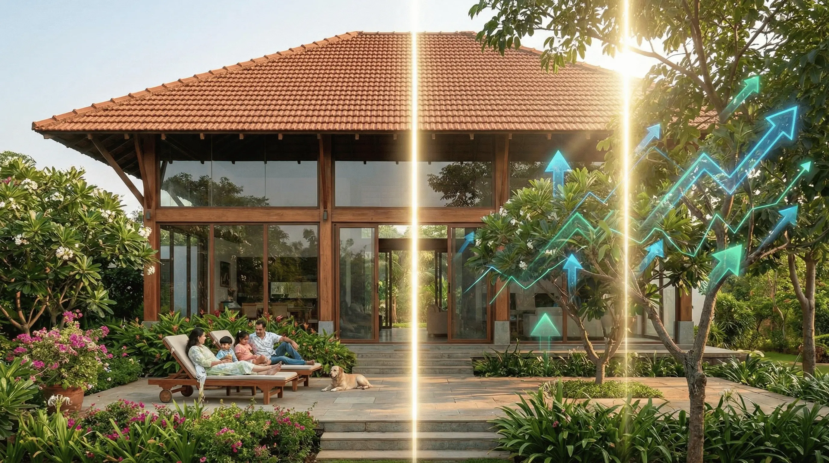 Luxurious eco-luxury retreat blending a wealth-building red sandalwood investment with wellness in managed farmland North Bangalore