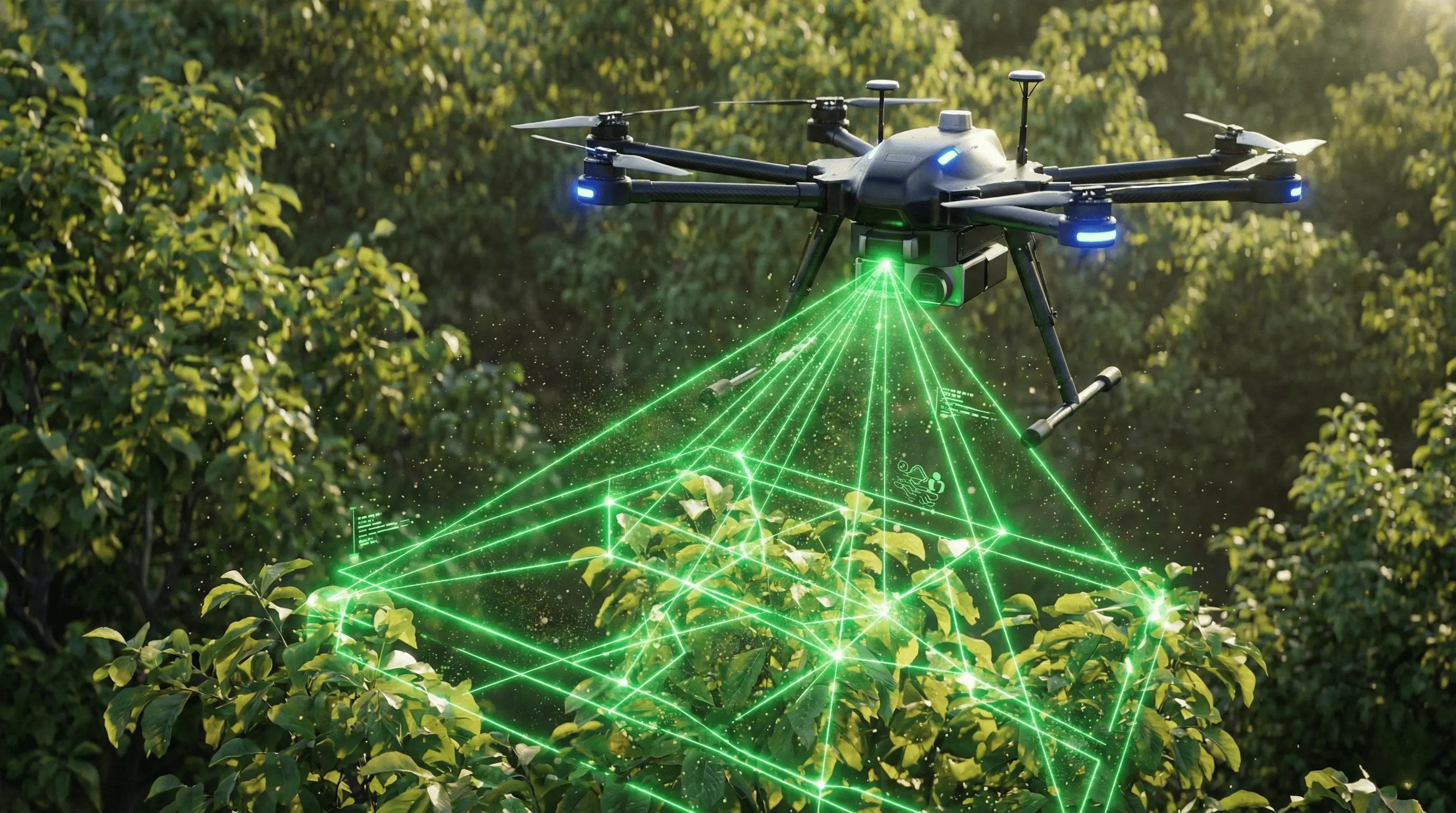 Agricultural drone conducting multi-spectral imaging for real-time health monitoring of managed farmland assets