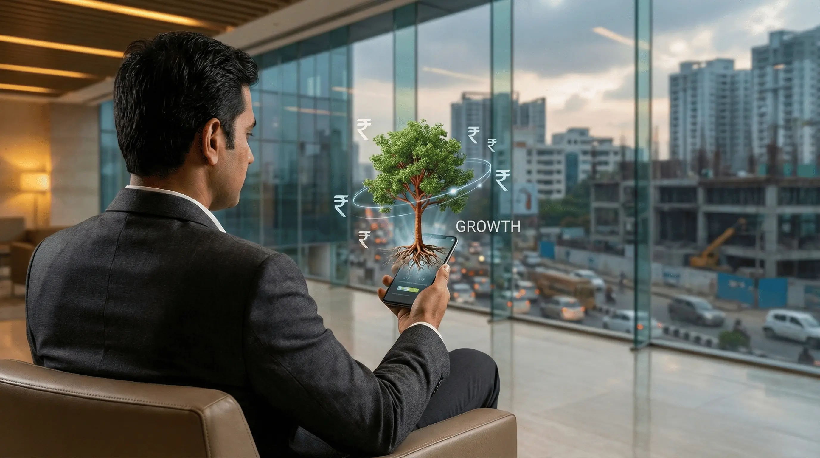 Investor viewing real-time growth metrics and financial projections on the Neralu Farms mobile application dashboard