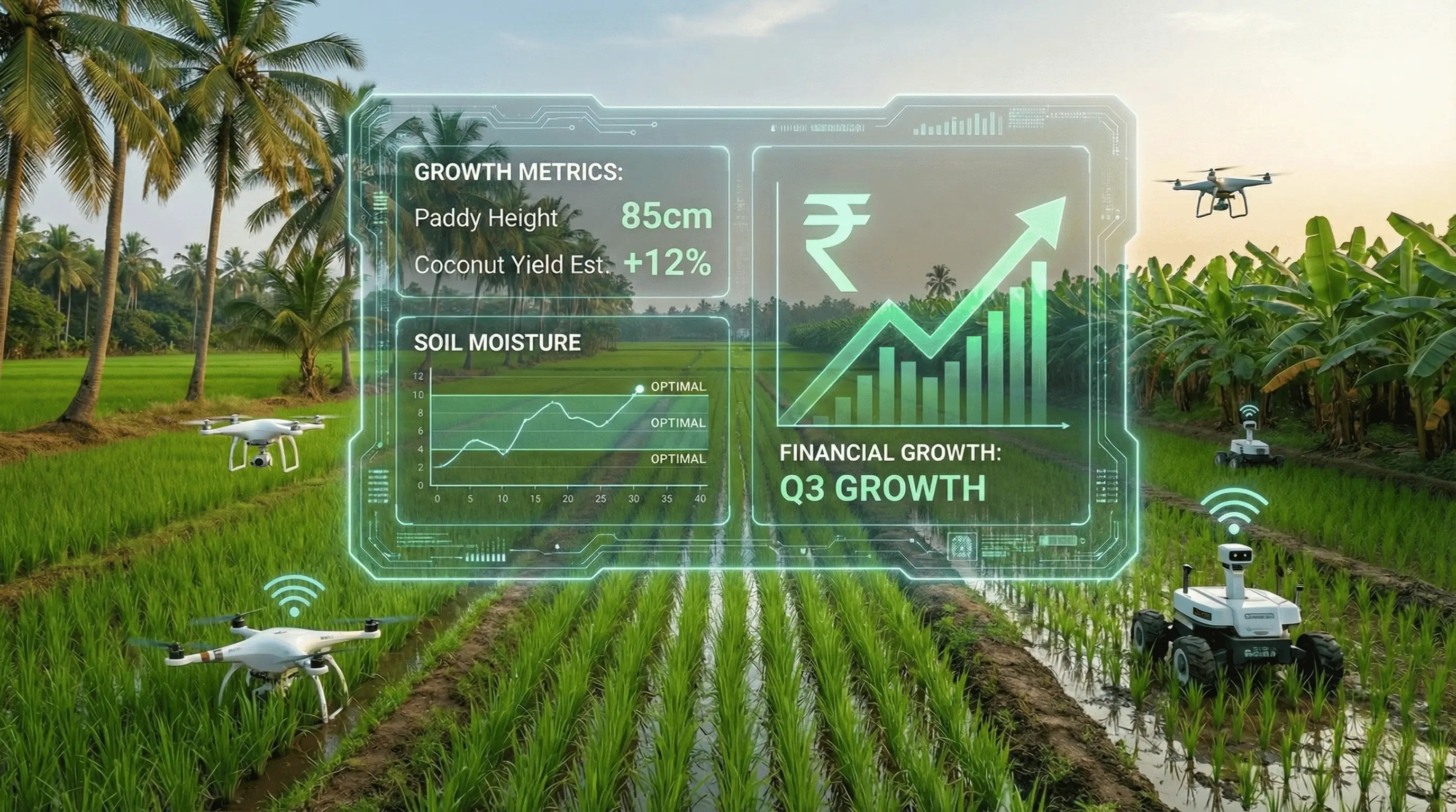 A high-tech digital farming dashboard overlaid on a lush red sandalwood investment, showcasing real-time asset tracking in a managed farmland North Bangalore eco-luxury retreat