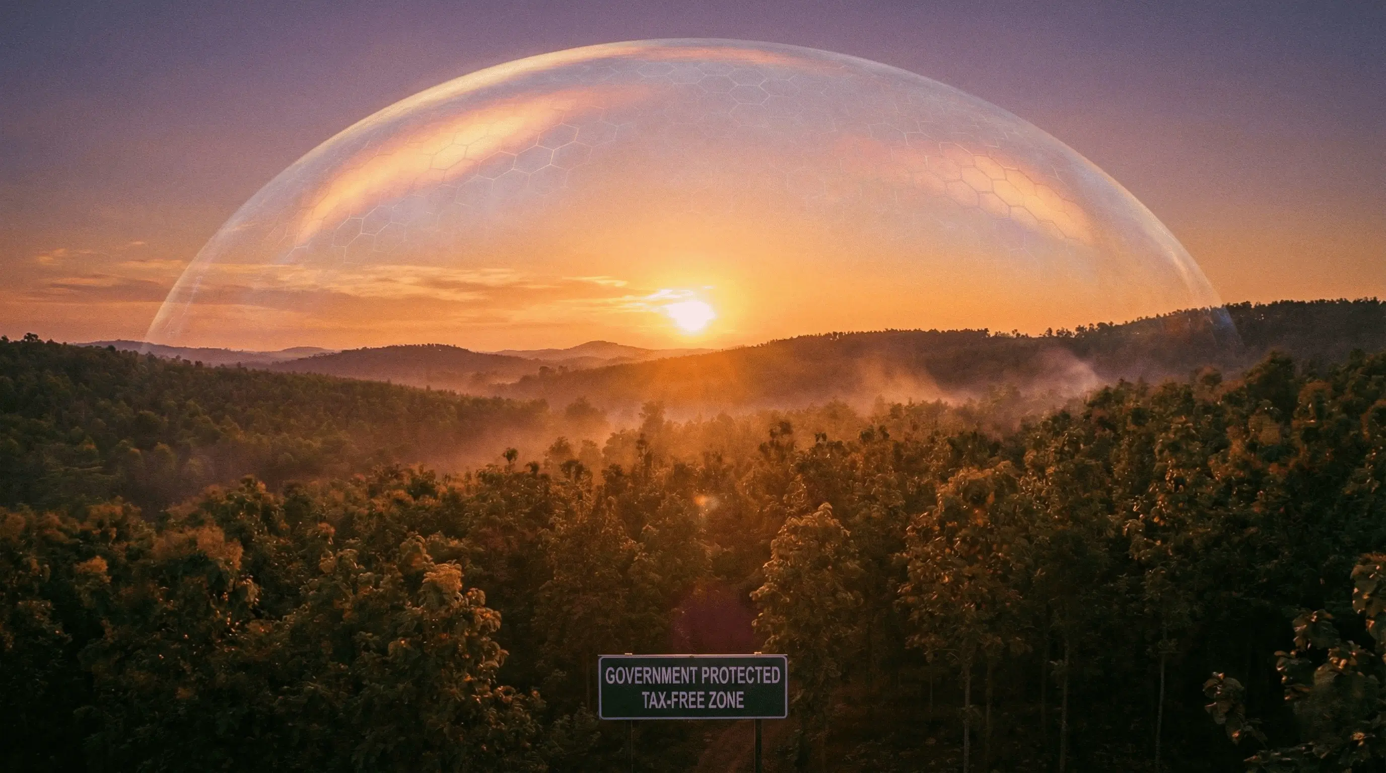 Serene sunset over a managed timber plantation representing the synthesis of tax-free wealth building and peaceful wellness