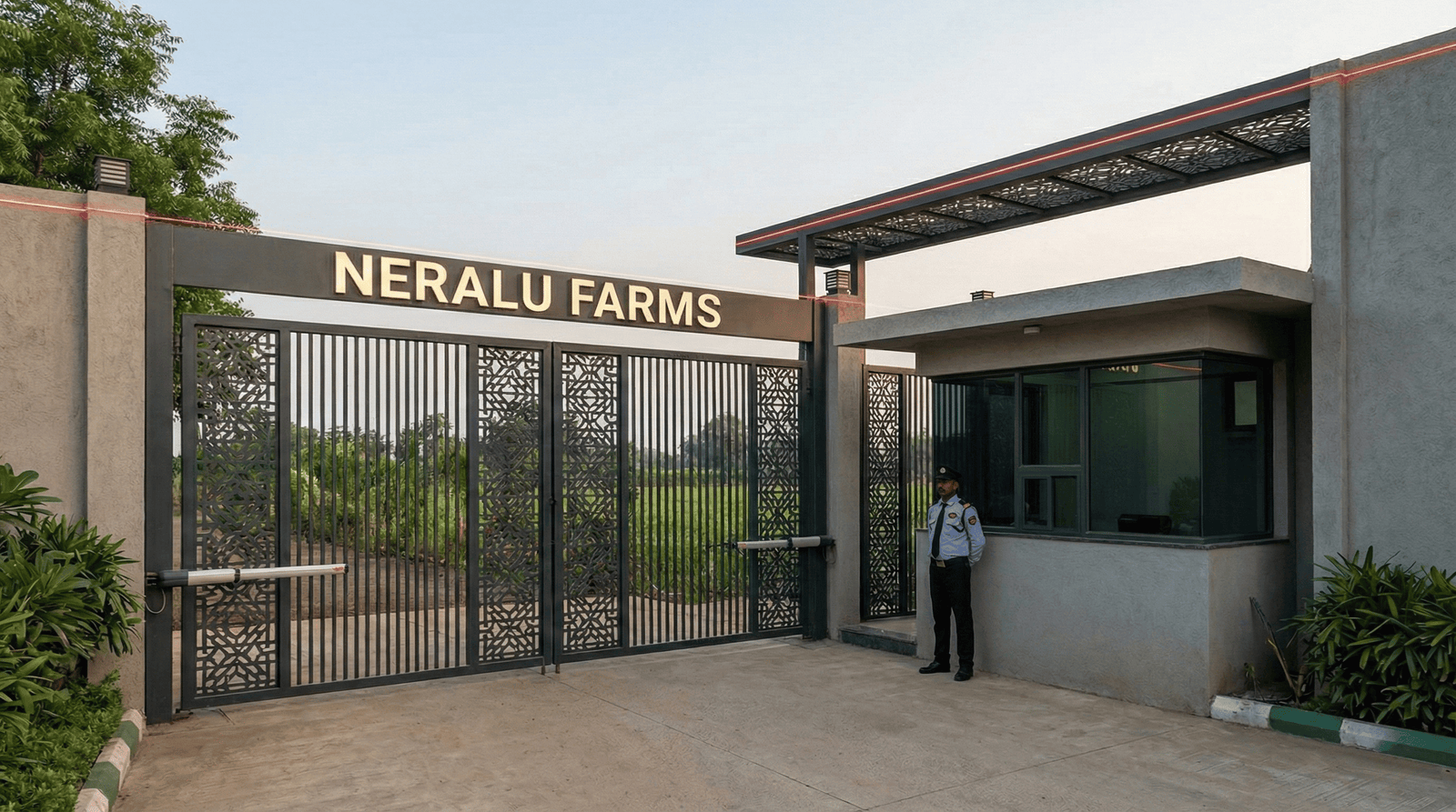 High-security gated entrance with 24/7 surveillance protecting managed farmland from encroachment
