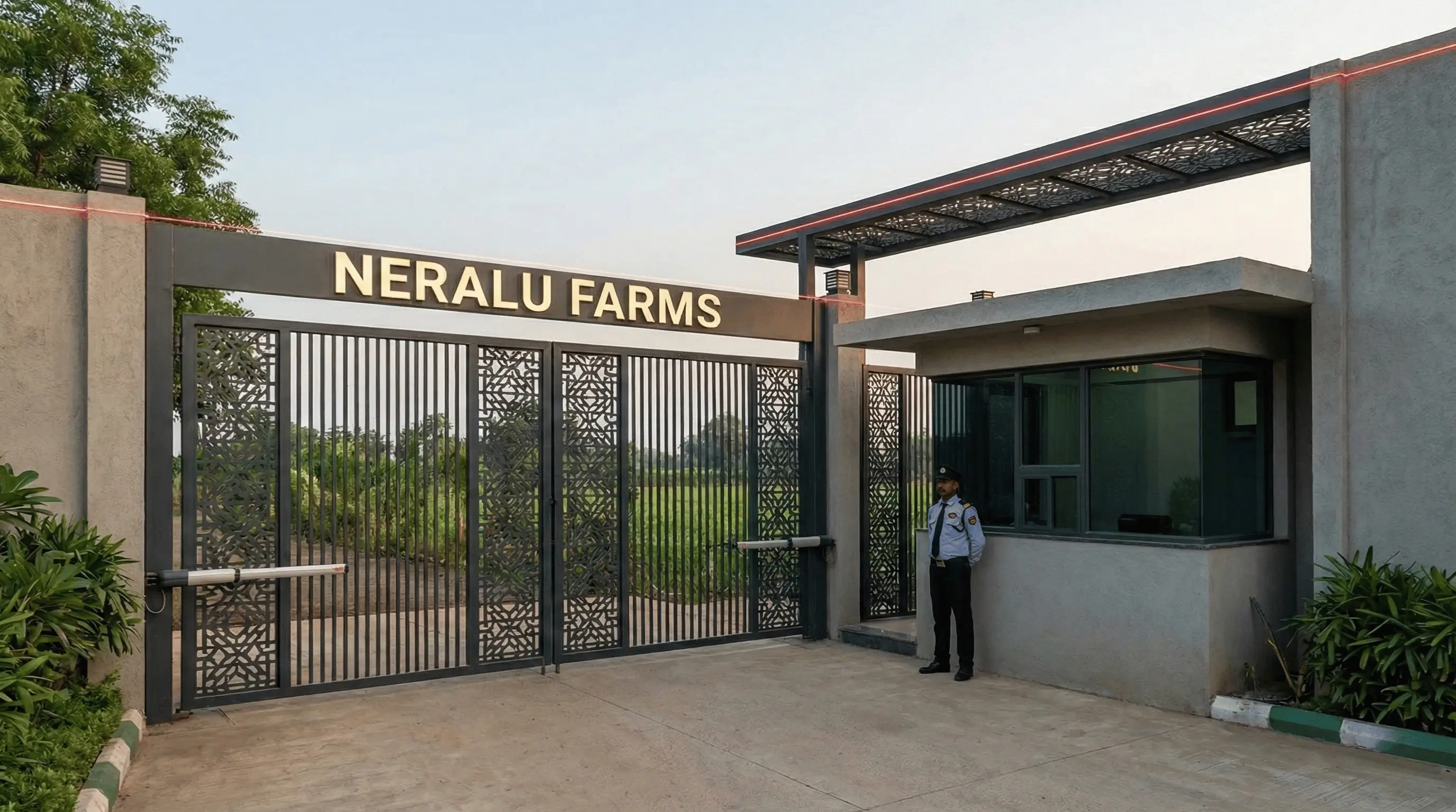 High-security gated entrance with 24/7 surveillance protecting managed farmland from encroachment