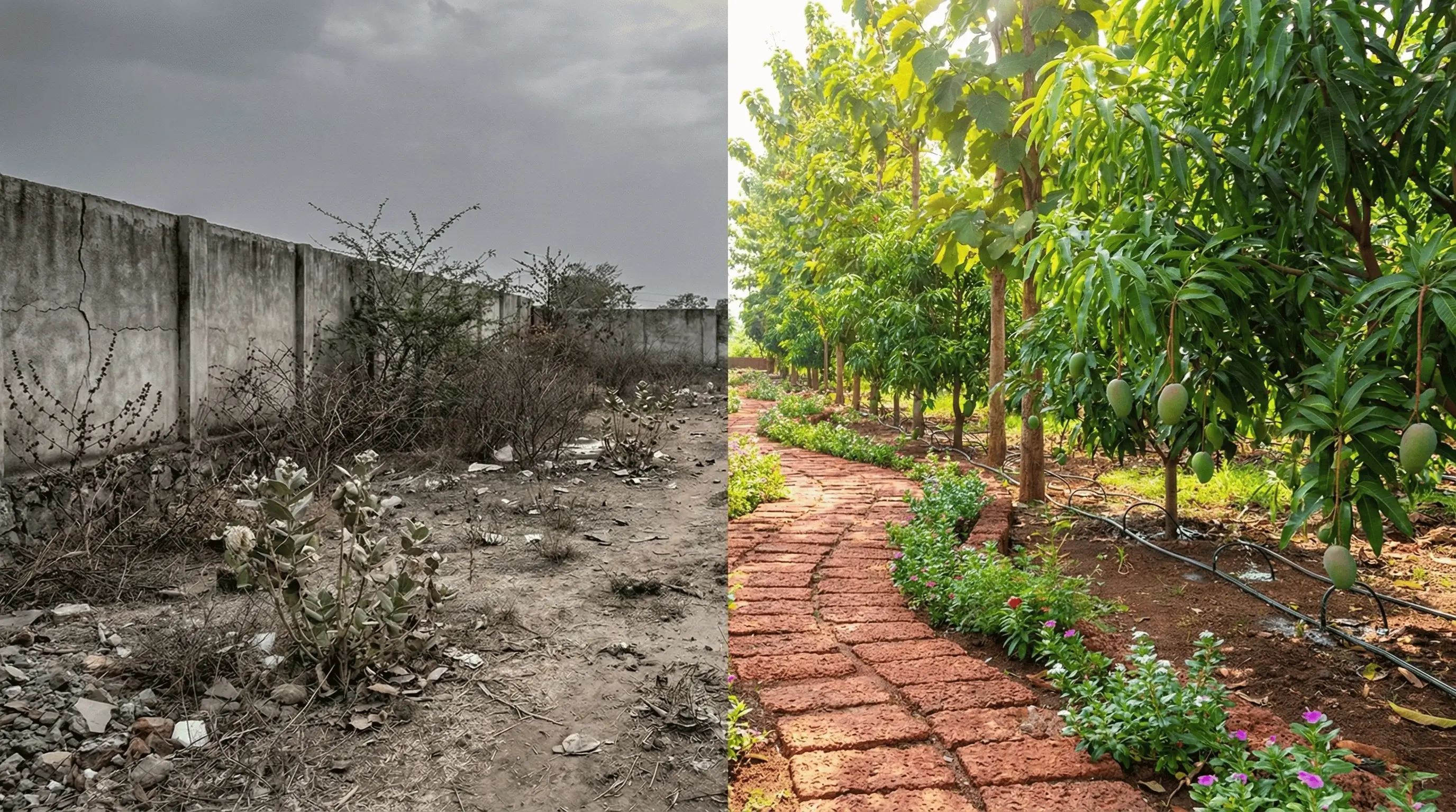 Comparing a barren vacant plot to a lush managed farmland North Bangalore eco-luxury retreat that generates tax-free income and secures a red sandalwood investment