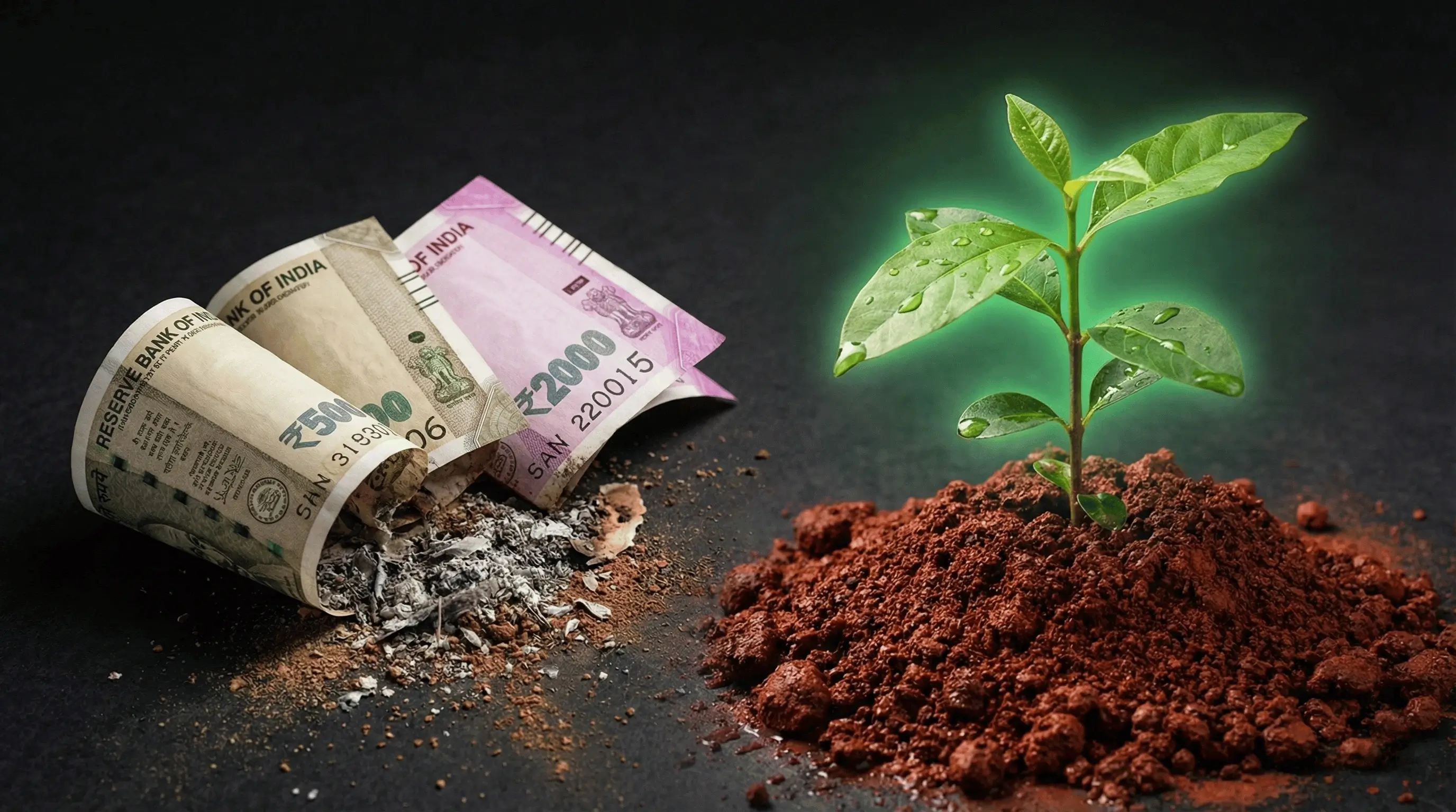 Macro shot of Indian currency dissolving into rich red soil while a vibrant sandalwood sapling grows, illustrating a powerful inflation hedge and secure red sandalwood investment.
