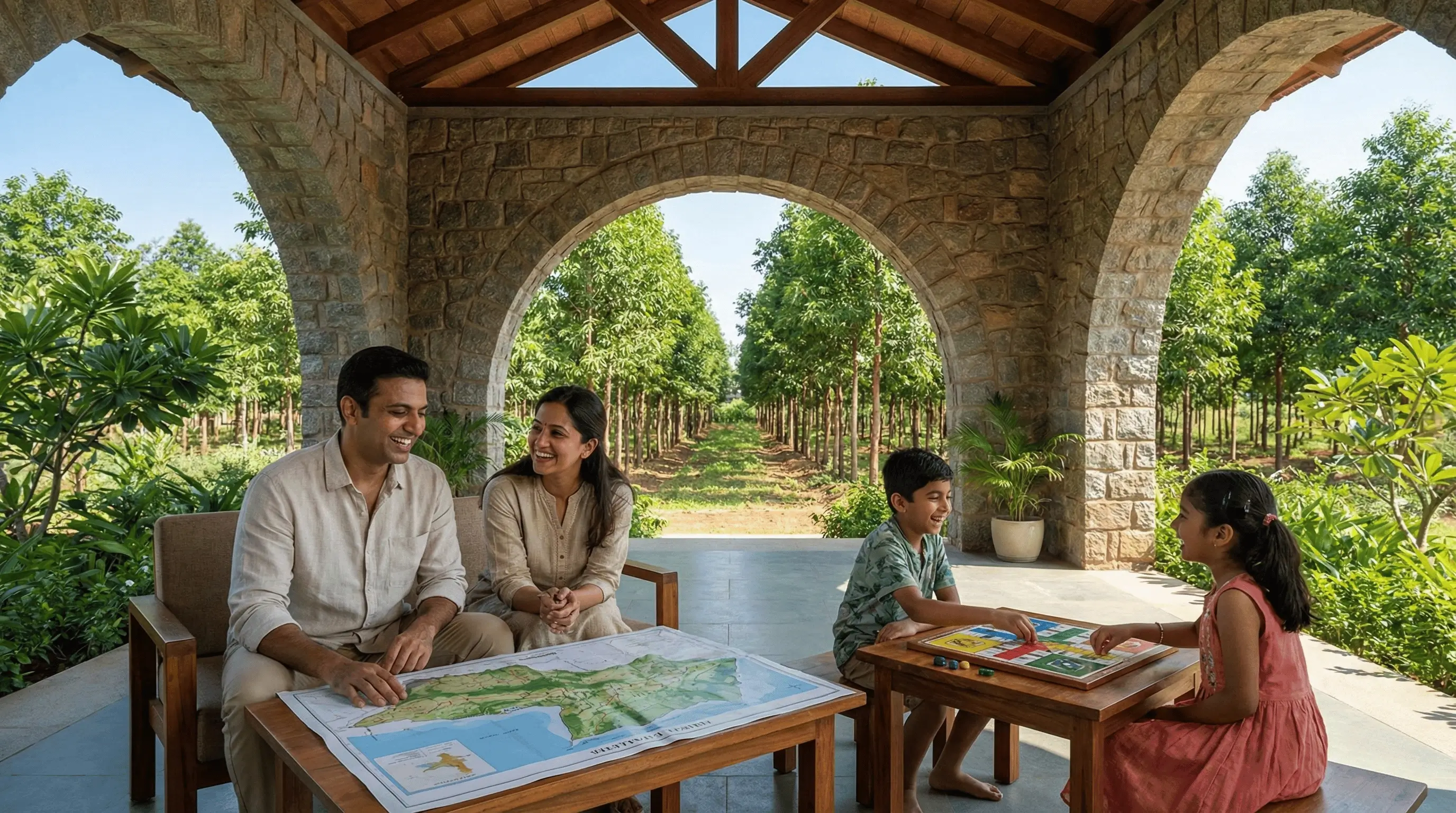 High-net-worth investor reviewing digital farming metrics on a tablet while relaxing in a highly secure, lush eco-luxury retreat in Managed Farmland North Bangalore.