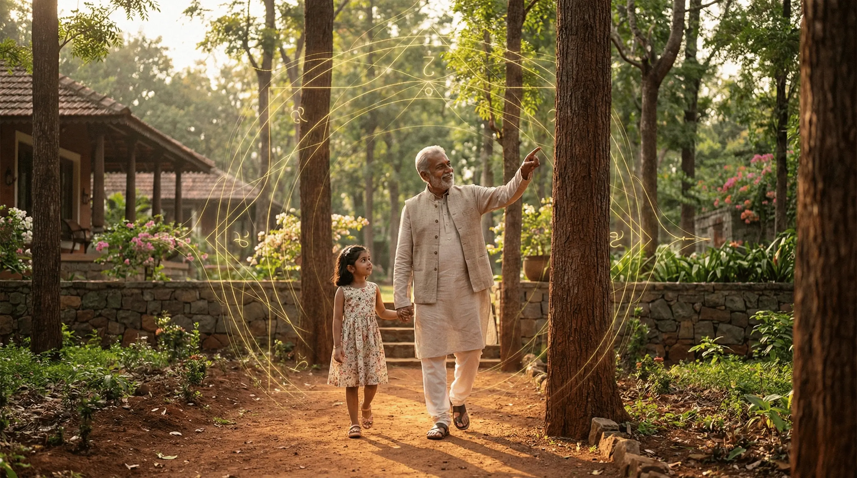 A hyper-realistic image of a grandfather and granddaughter walking through a mature red sandalwood eco-luxury retreat in North Bangalore, symbolizing intergenerational wealth and tax-free income.
