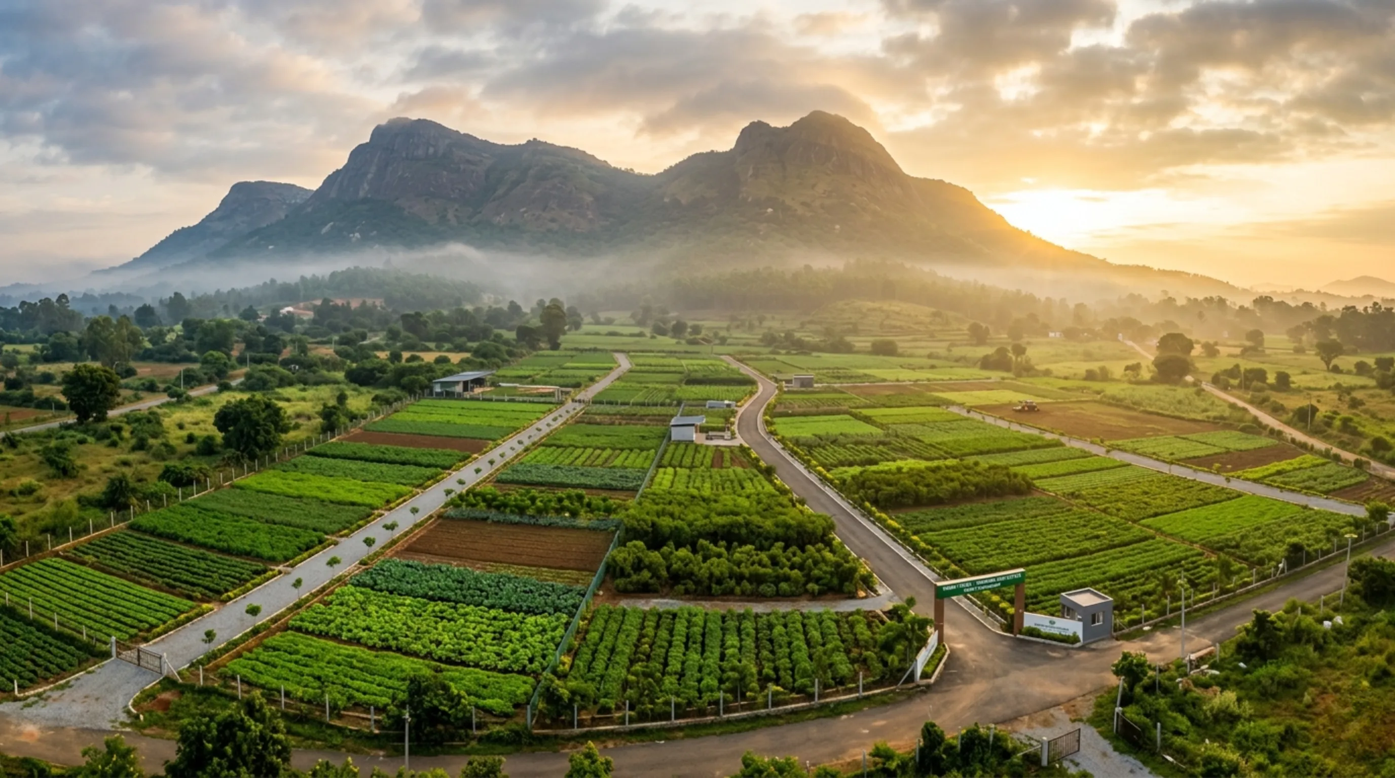 A happy family walking together along a sunlit path through a thriving agricultural estate, enjoying a peaceful weekend retreat