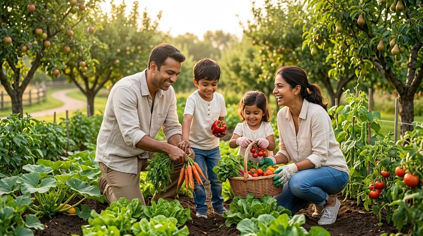 A happy family harvesting fresh, organic vegetables from their own private garden patch at a Neralu Farms estate
