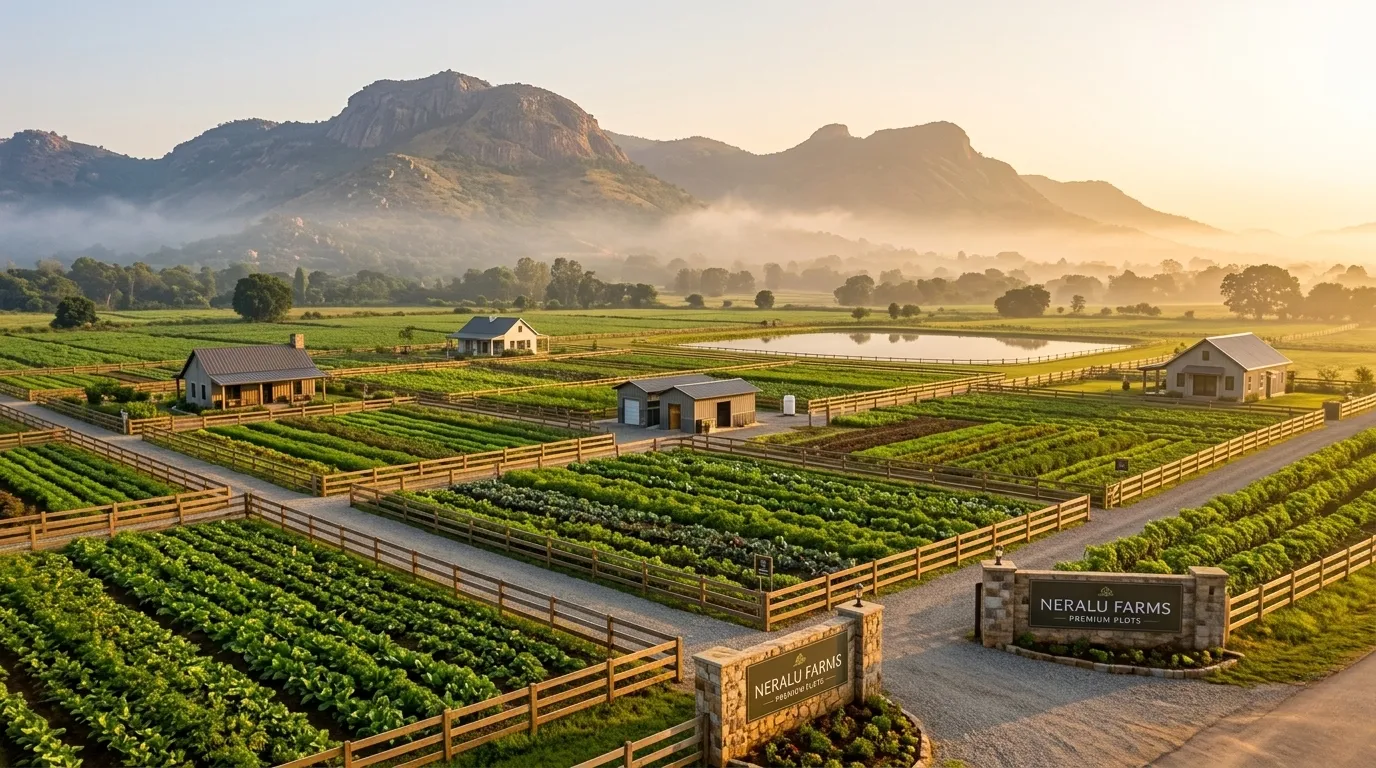 Stunning landscape photograph of beautifully demarcated green farm plots with the majestic Nandi Hills rising in the background