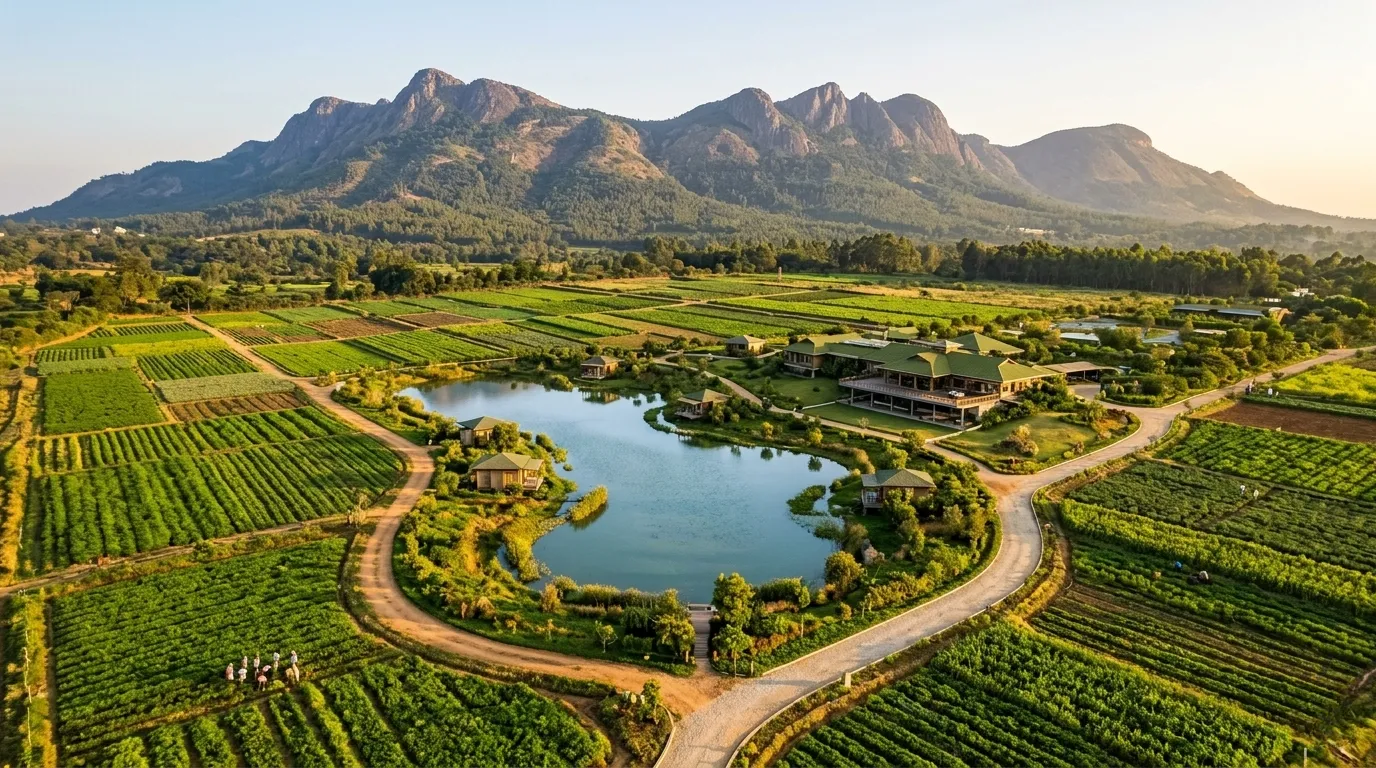 Cinematic drone shot of an expansive, highly organized managed farmland estate with Nandi Hills in the background