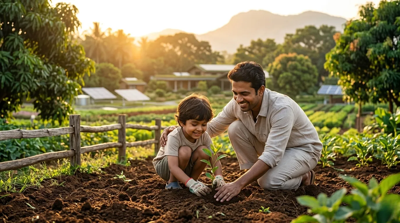 A young child joyfully planting a green sapling into the earth with a parent, conveying environmental education and legacy