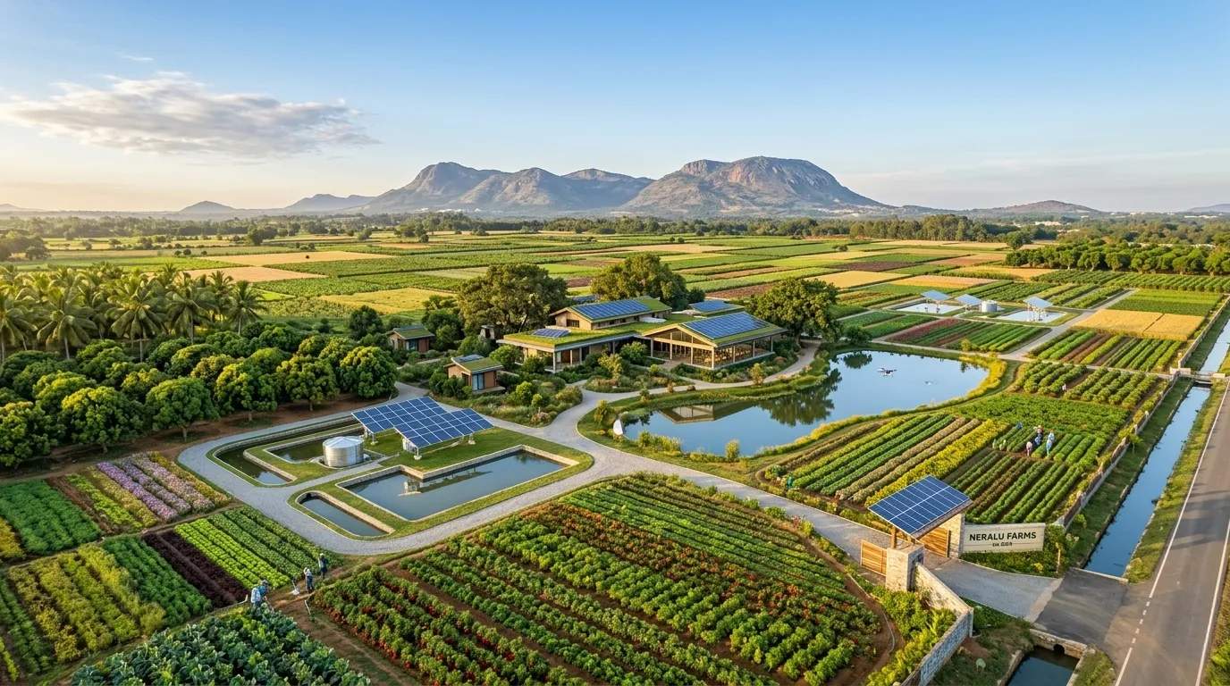 Cinematic drone shot of a thriving, diverse local agricultural estate at Neralu Farms, showcasing sustainable managed farmland